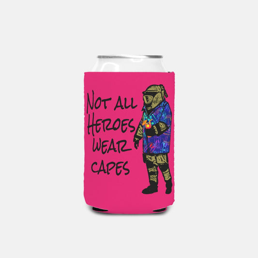 Pink can cooler with a graphic of a person in a superhero costume and text on a white background