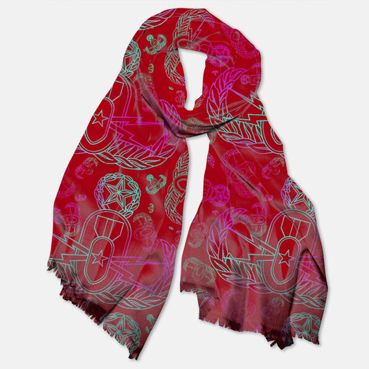 Print On Demand  - Pashmina Scarf - "EOD Mixed Badges" (Multicolor on Red)