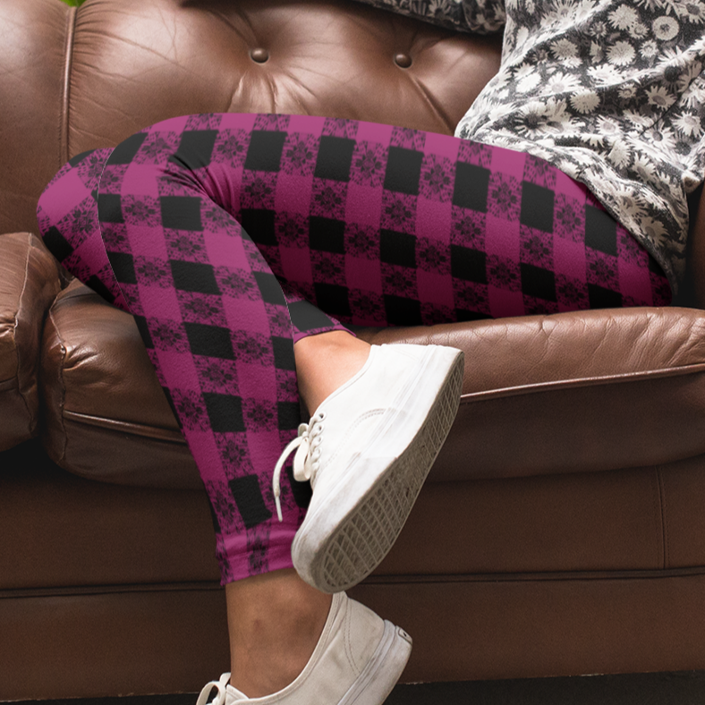 Leggings with POCKETS - "Berry Boho Plaid"
