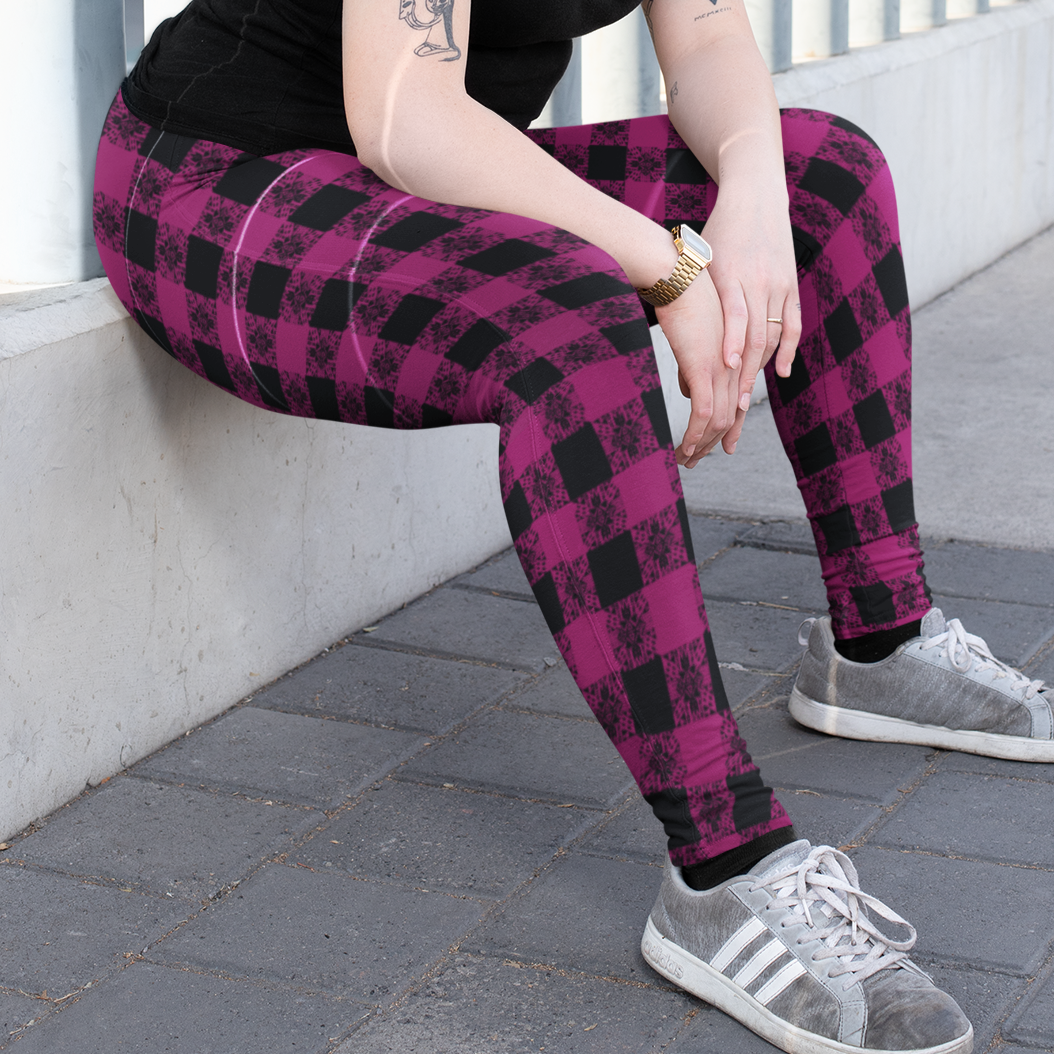 Berry Boho Plaid Leggings with POCKETS