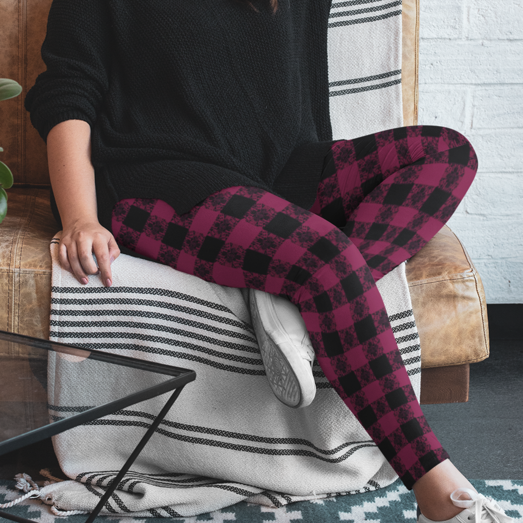 Berry Boho Plaid Leggings with and without POCKETS