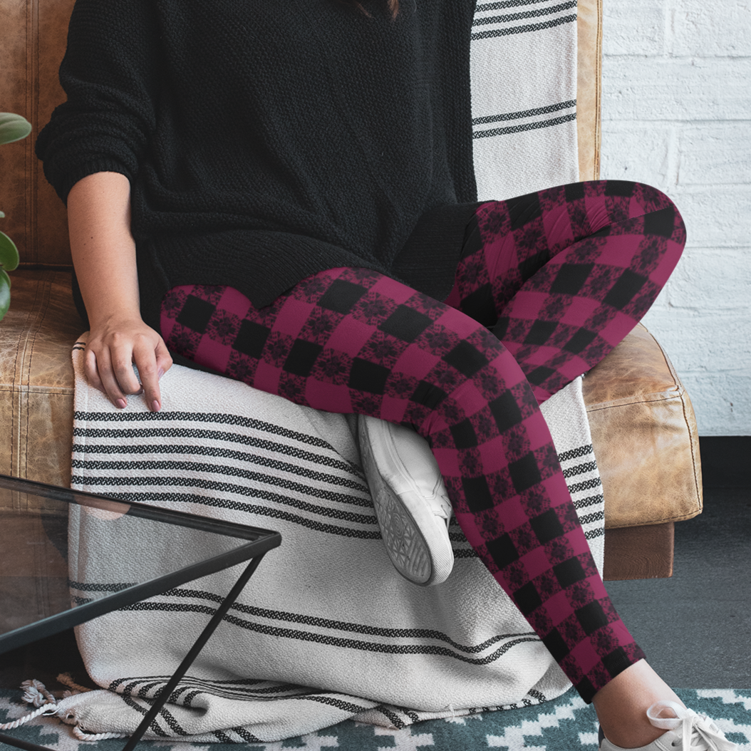 Berry Boho Plaid Leggings with POCKETS