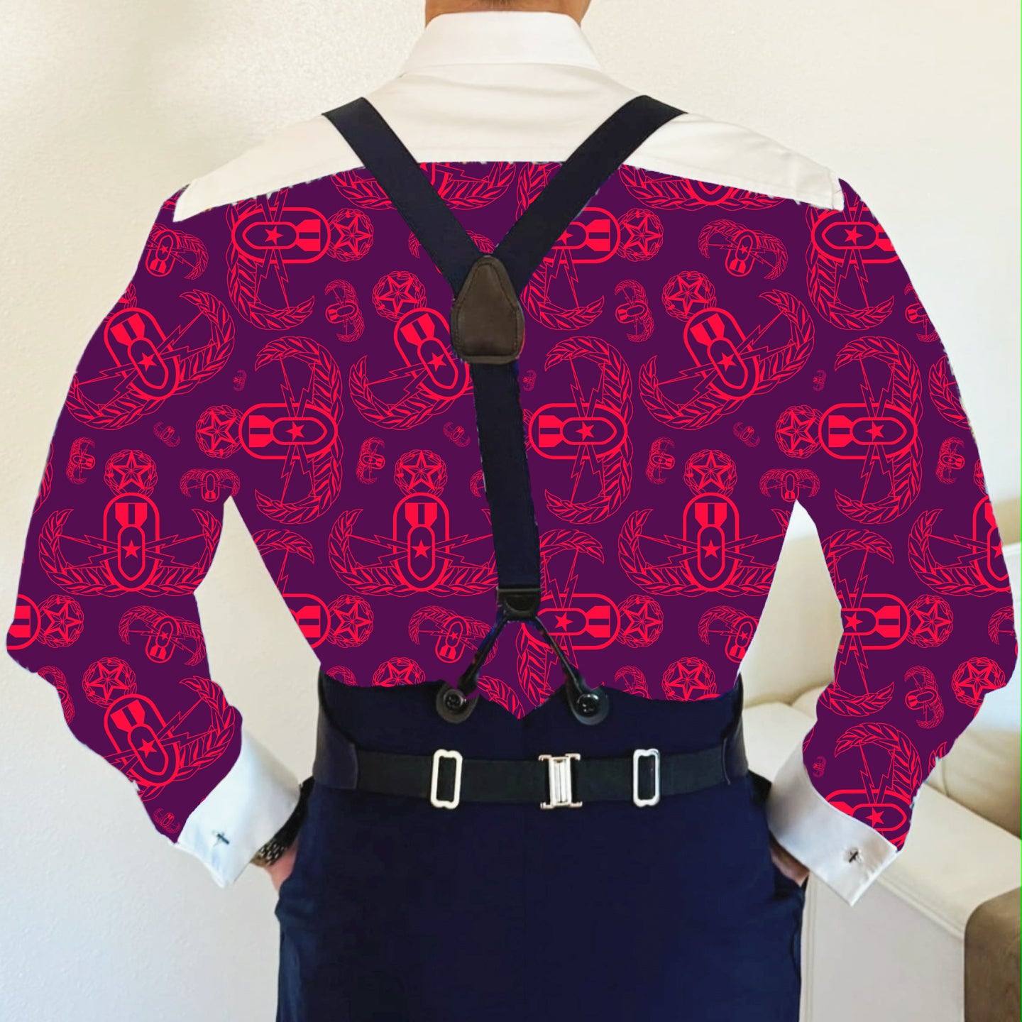 CUSTOM ORDER - Mess Dress Shirt (Men's) - "EOD Badges x 3" (Coral & Maroon)