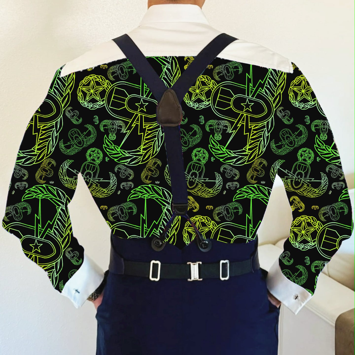 CUSTOM ORDER - Mess Dress Shirt (Men's) - "EOD Mixed Badges" (Lemon Lime on Black)