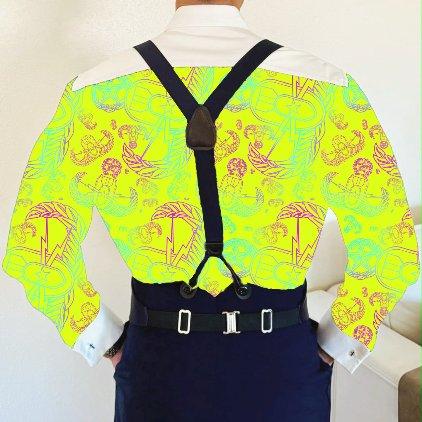 CUSTOM ORDER - Mess Dress Shirt (Men's) - "EOD Mixed Badges" (Rainbow on Yellow)