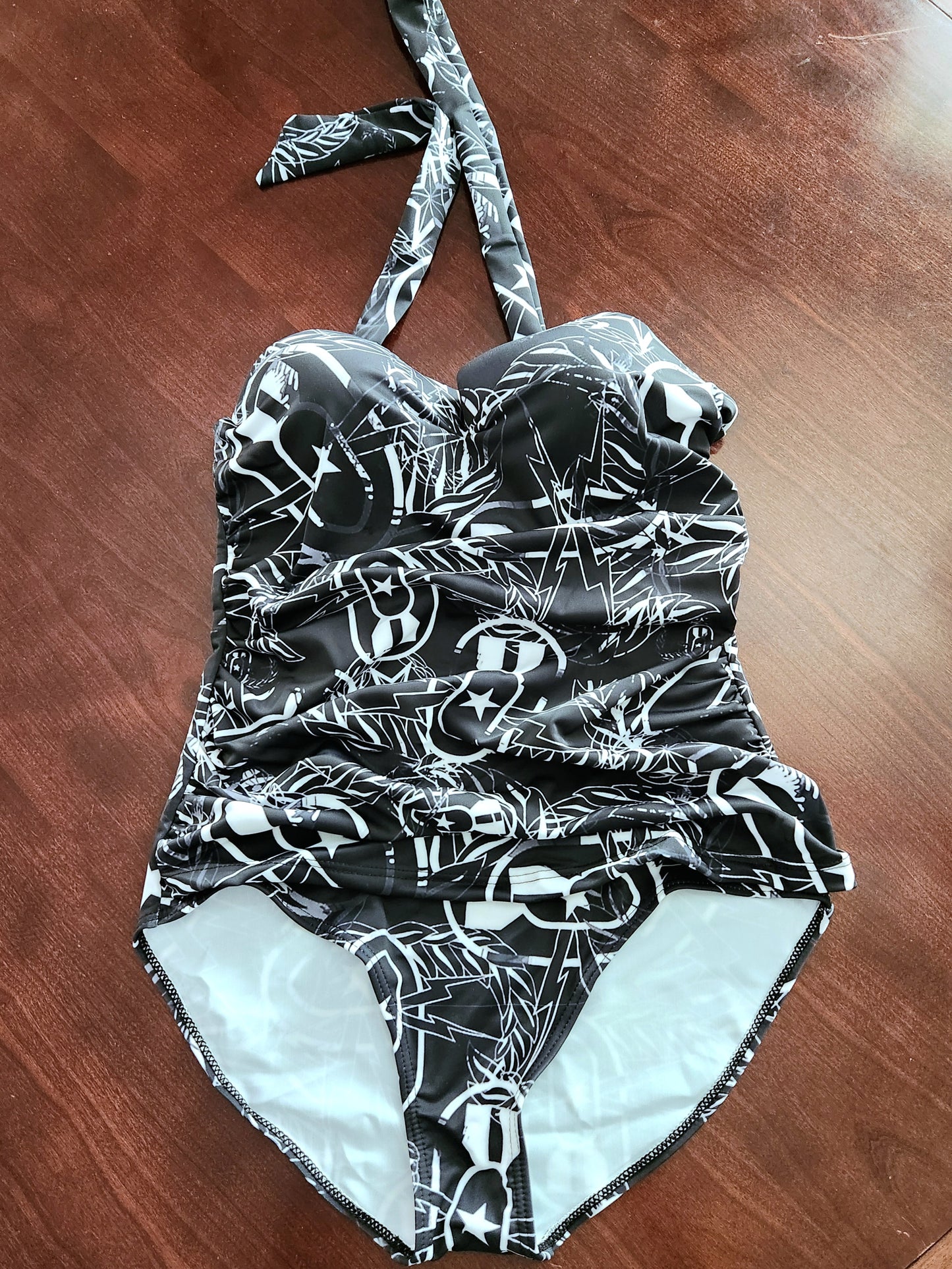 Women's Retro Halter One-Piece - "It's 5 o'clock Somewhere" (White on Black)