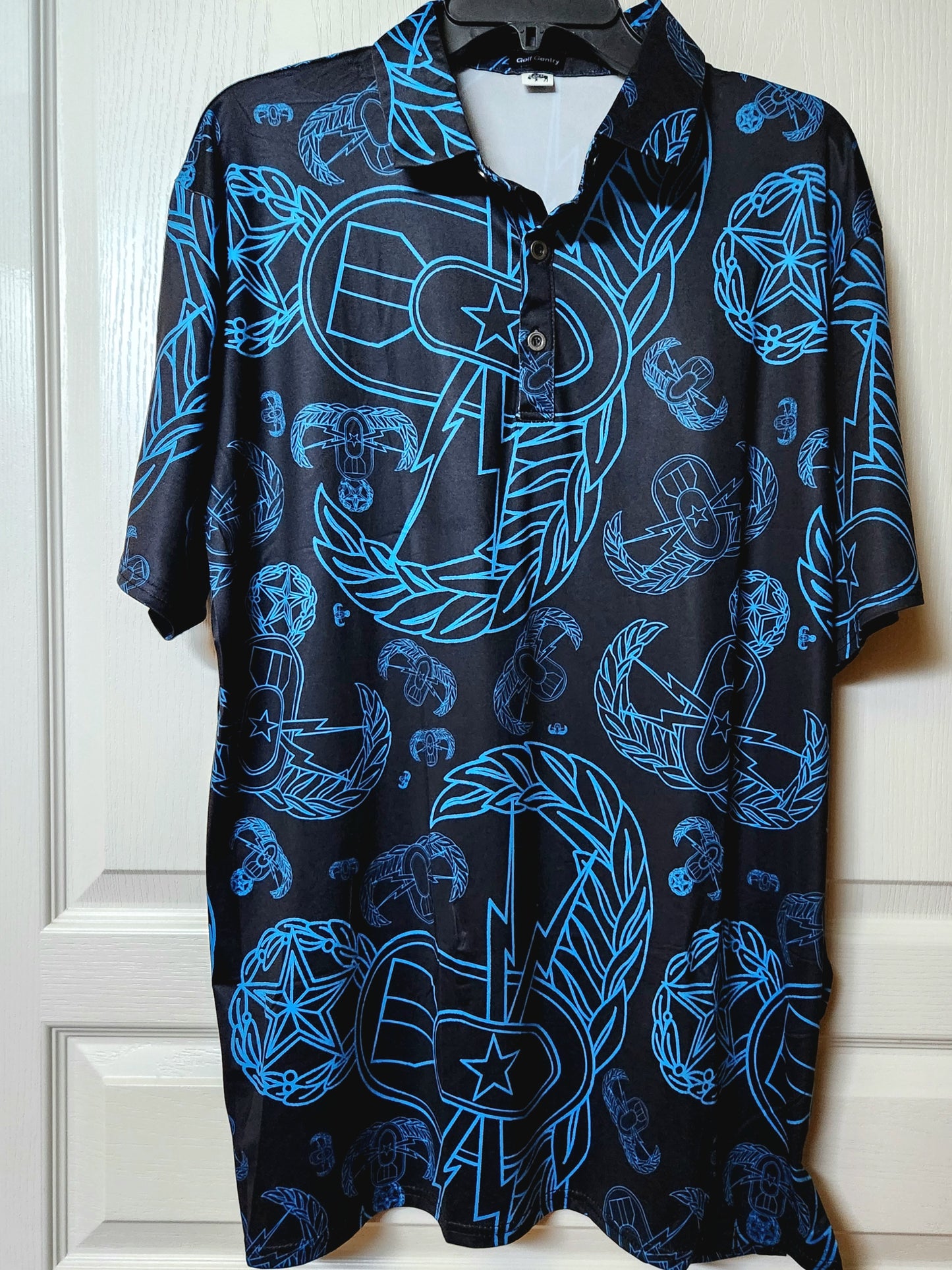 Print On Demand - Polo Shirt - "EOD Mixed Badges" (Electric Blue on Black)