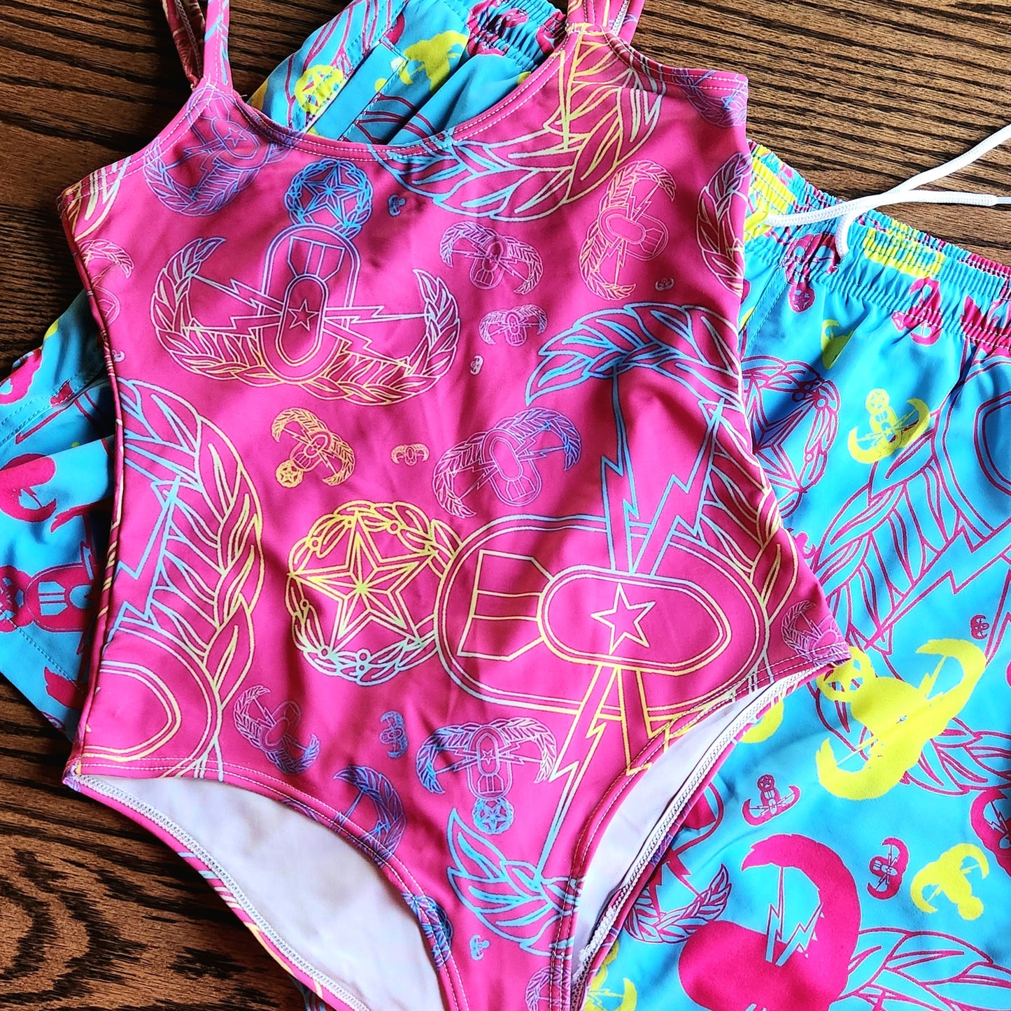 Misses One-Piece Swimsuit - "EOD Mixed Badges" (Multicolor on Pink)