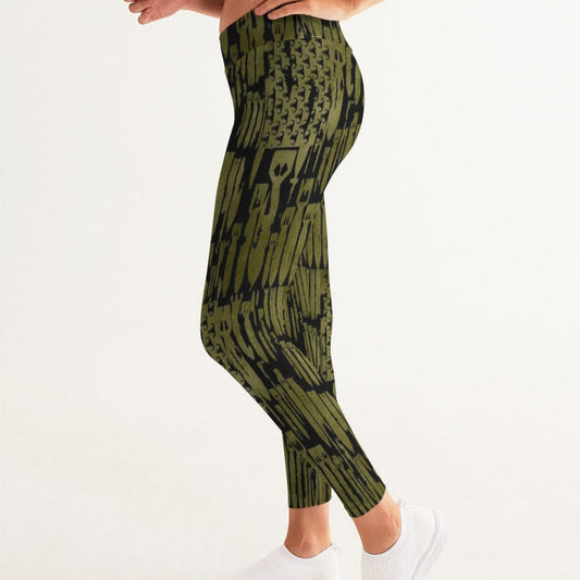 Women's Yoga Pants - "EOD Bomb Flag" (OD Green on Black)