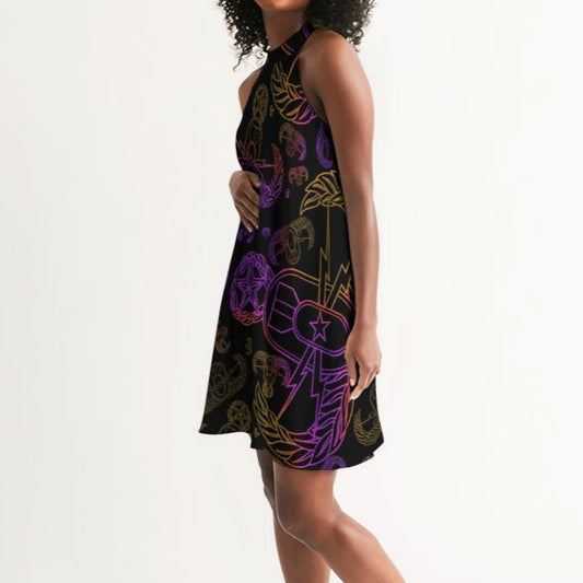 High Neck Dress - "EOD Mixed Badges" (Purple/Yellow on Black)