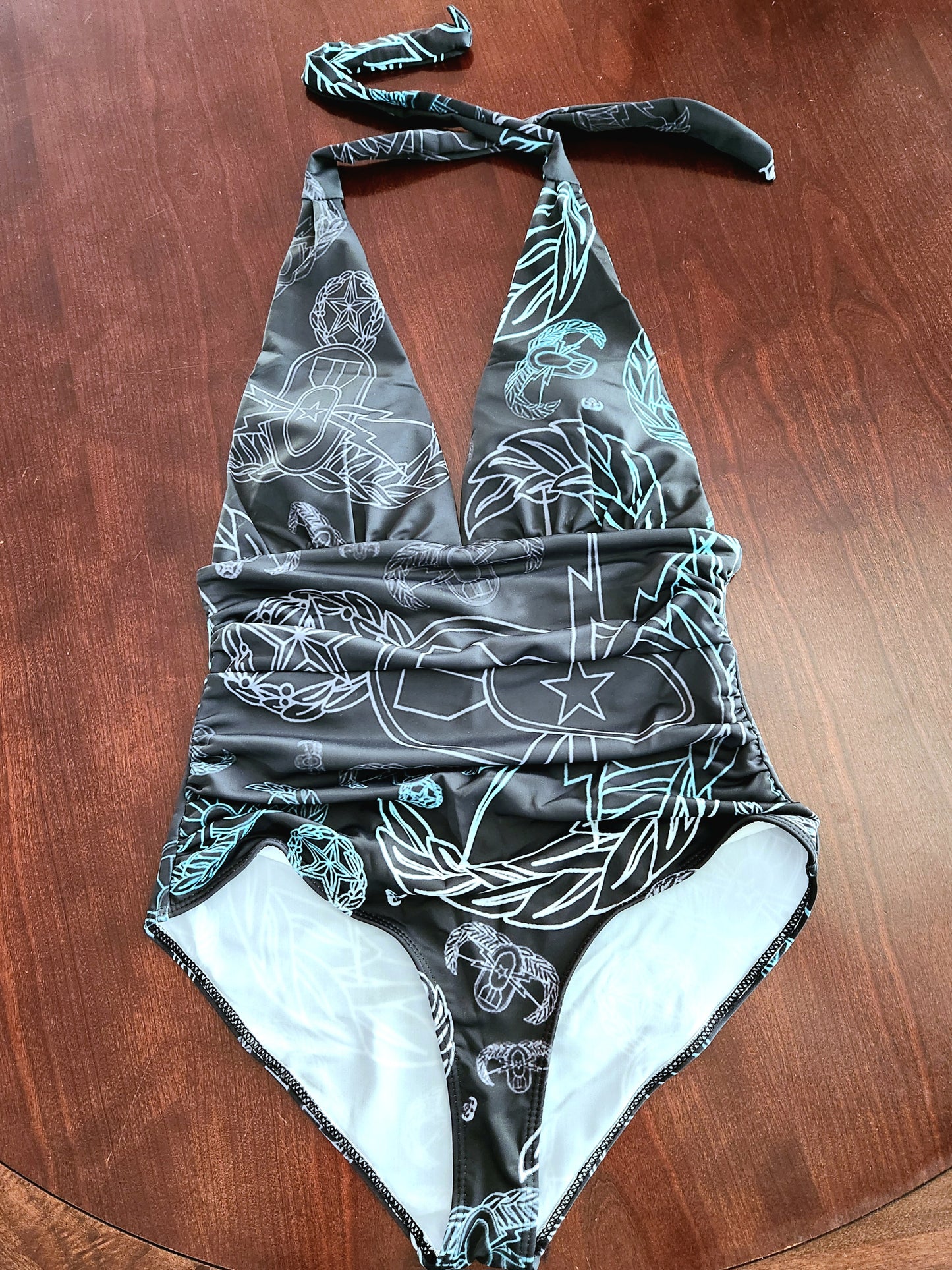 Women's Halter One-Piece - "EOD Mixed Badges" (Faded Turquoise)