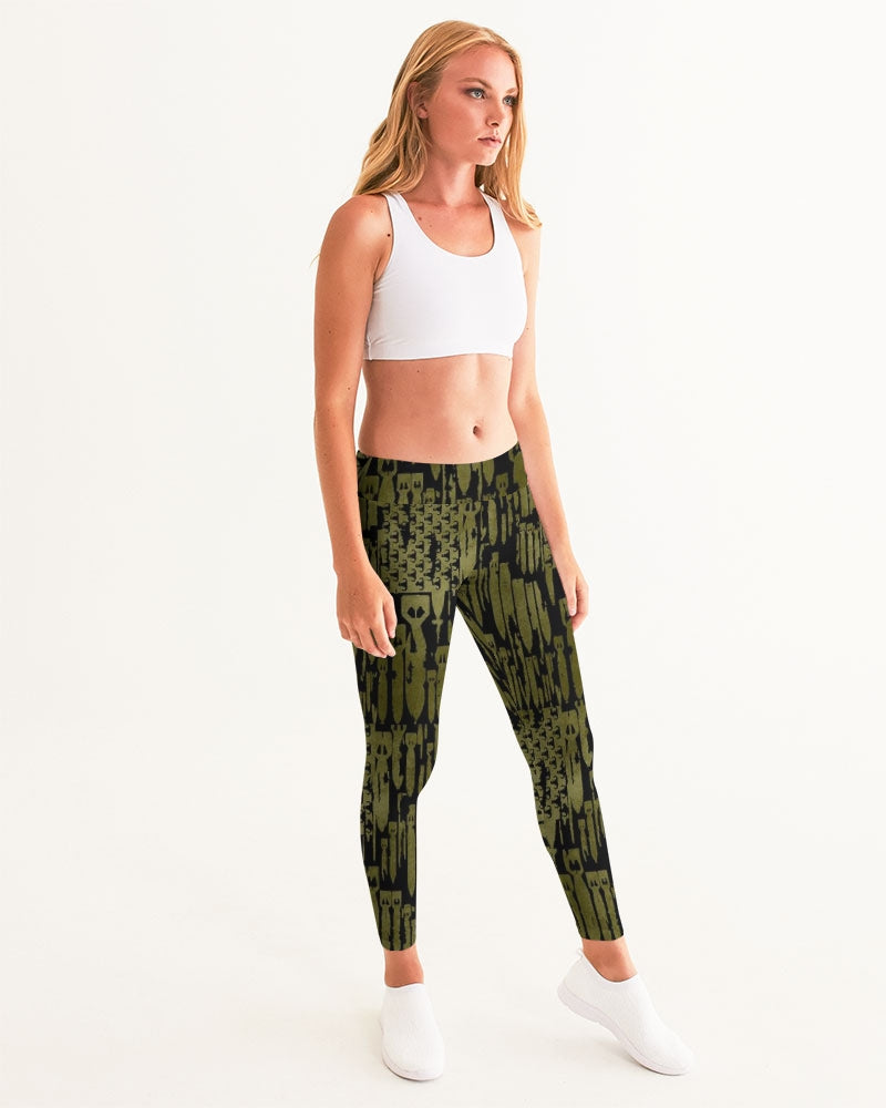 Women's Yoga Pants - "EOD Bomb Flag" (OD Green on Black)