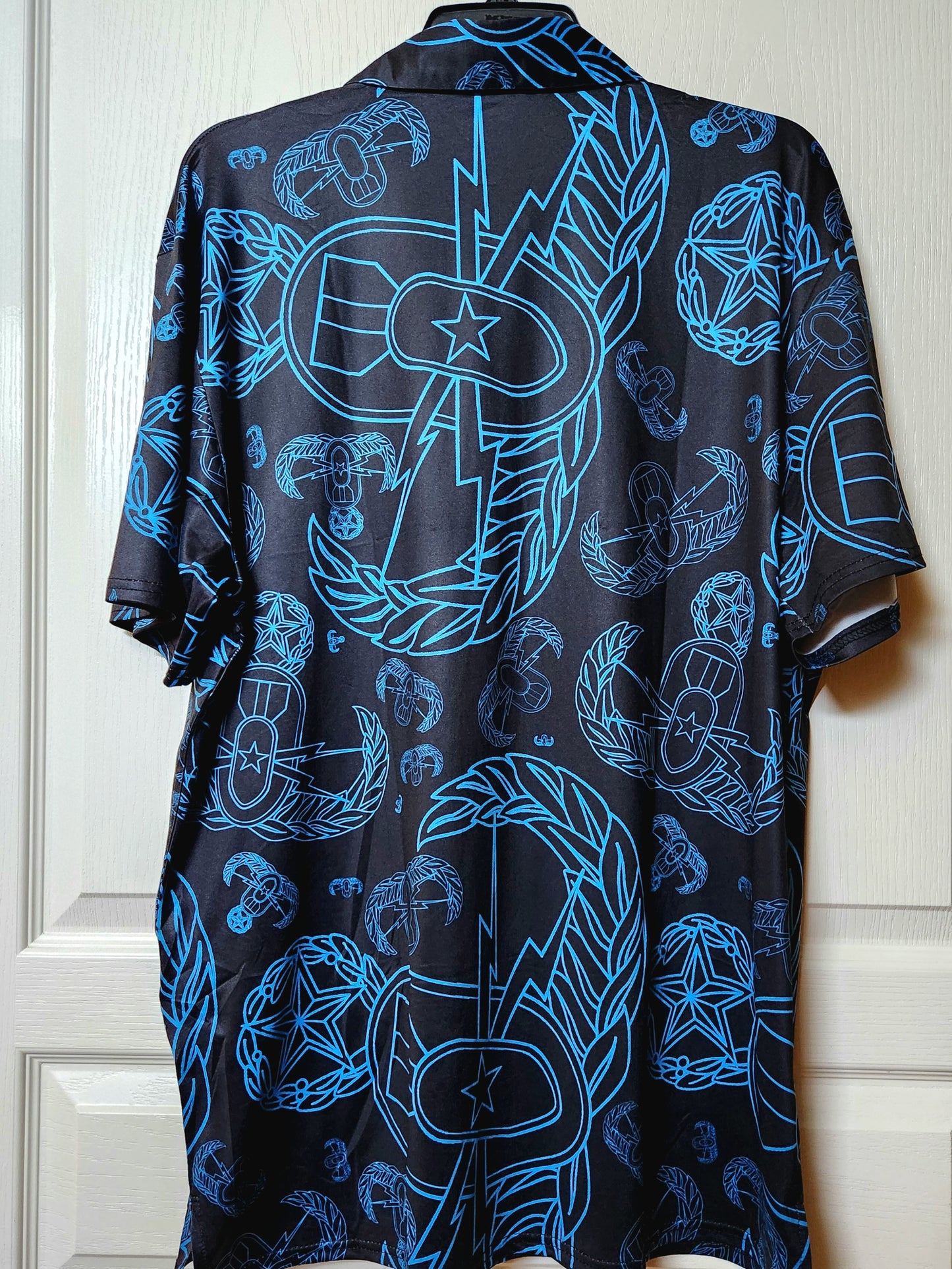 Print On Demand - Polo Shirt - "EOD Mixed Badges" (Electric Blue on Black)