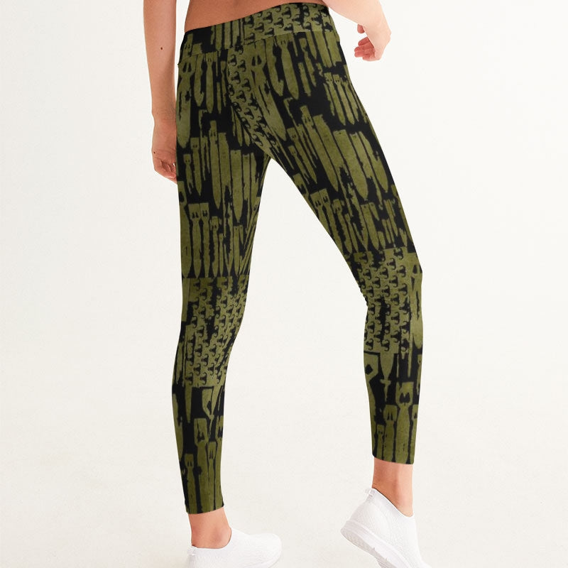 Women's Yoga Pants - "EOD Bomb Flag" (OD Green on Black)