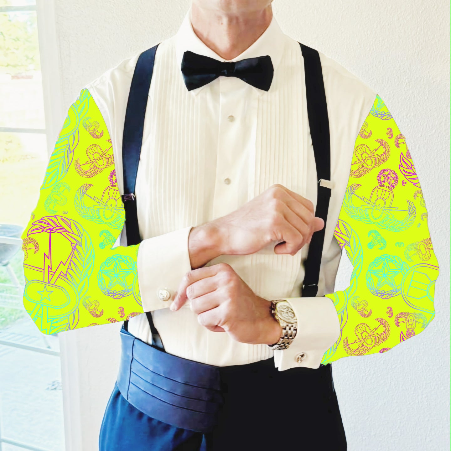 CUSTOM ORDER - Mess Dress Shirt (Men's) - "EOD Mixed Badges" (Rainbow on Yellow)