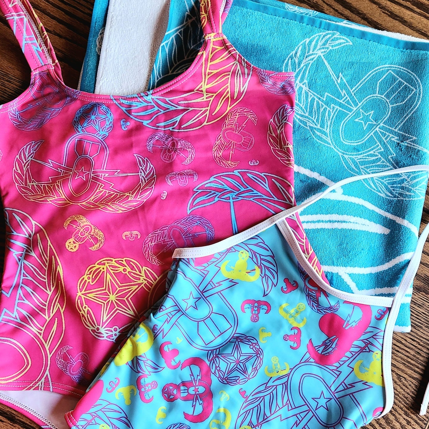 Misses One-Piece Swimsuit - "EOD Mixed Badges" (Multicolor on Pink)