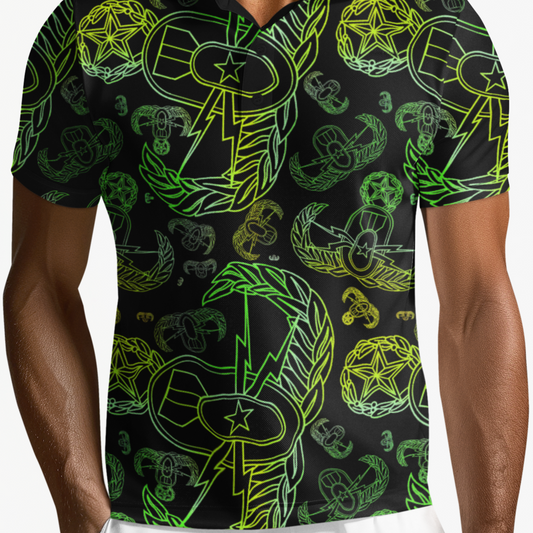 Print On Demand - Polo Shirt - "EOD Mixed Badges" (Lemon Lime on Black)