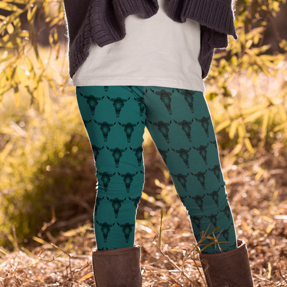 Mandala Bison Skull Youth Leggings with Pockets