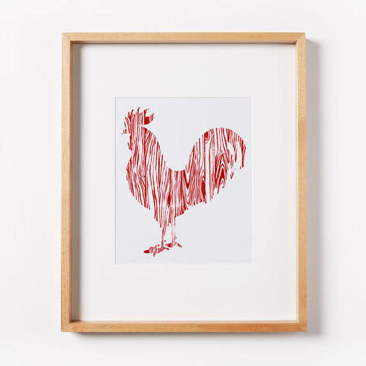 Wood Grain Rooster Red Print
